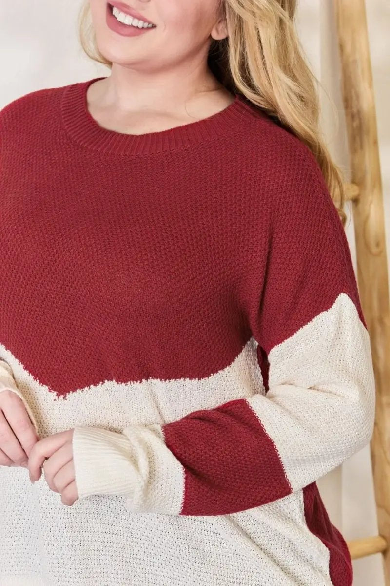 Hailey & Co Full Size Color Block Dropped Shoulder Knit Top - Love Salve